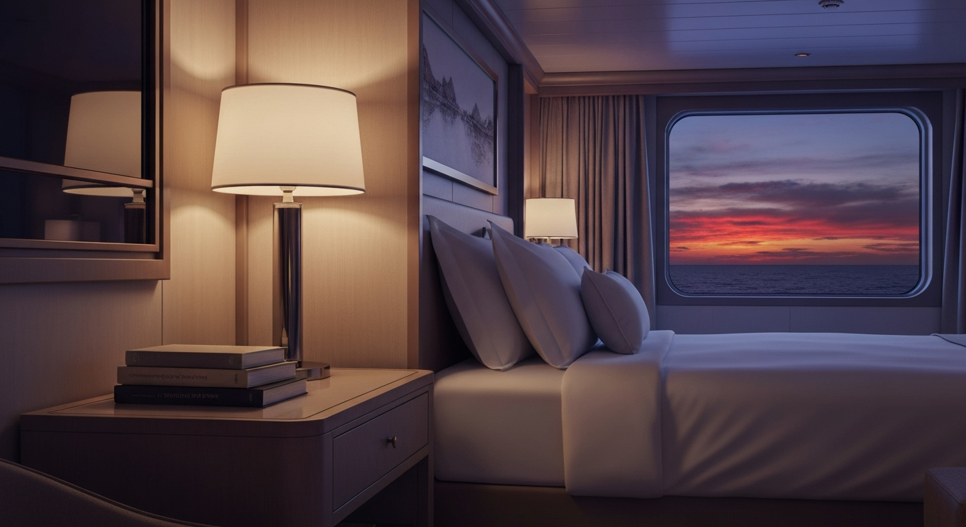 Modern cruise ship cabin interior with an elegant nightstand and ocean view at dusk