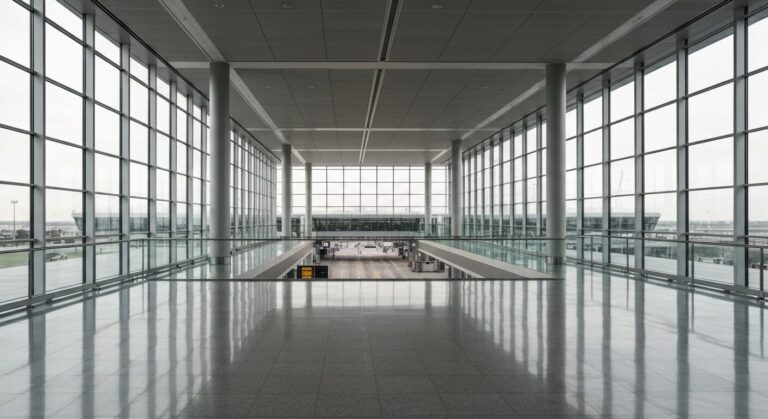 Empty, modern airport terminal with expansive windows and clean architecture at dawn.