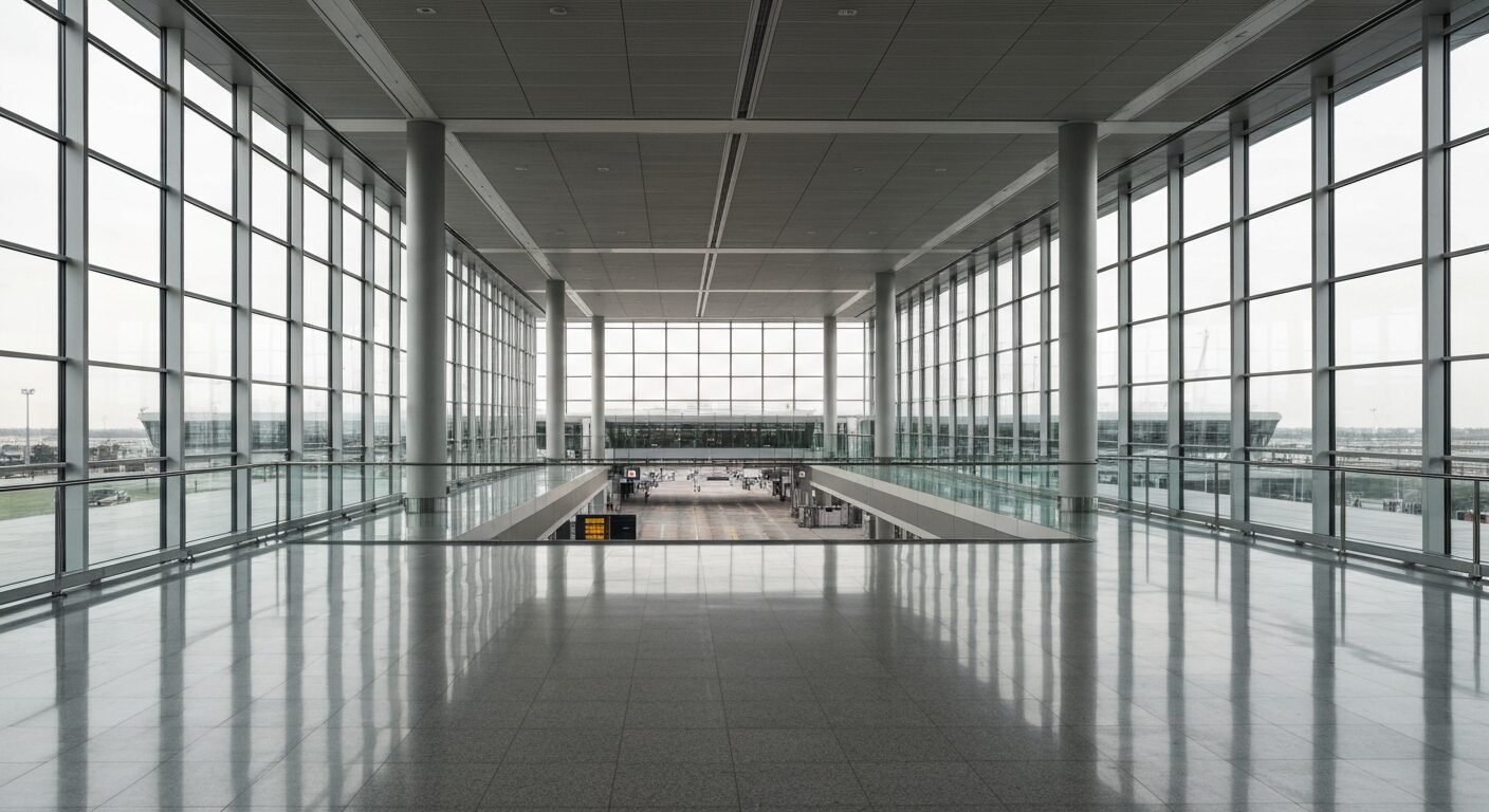 Empty, modern airport terminal with expansive windows and clean architecture at dawn.