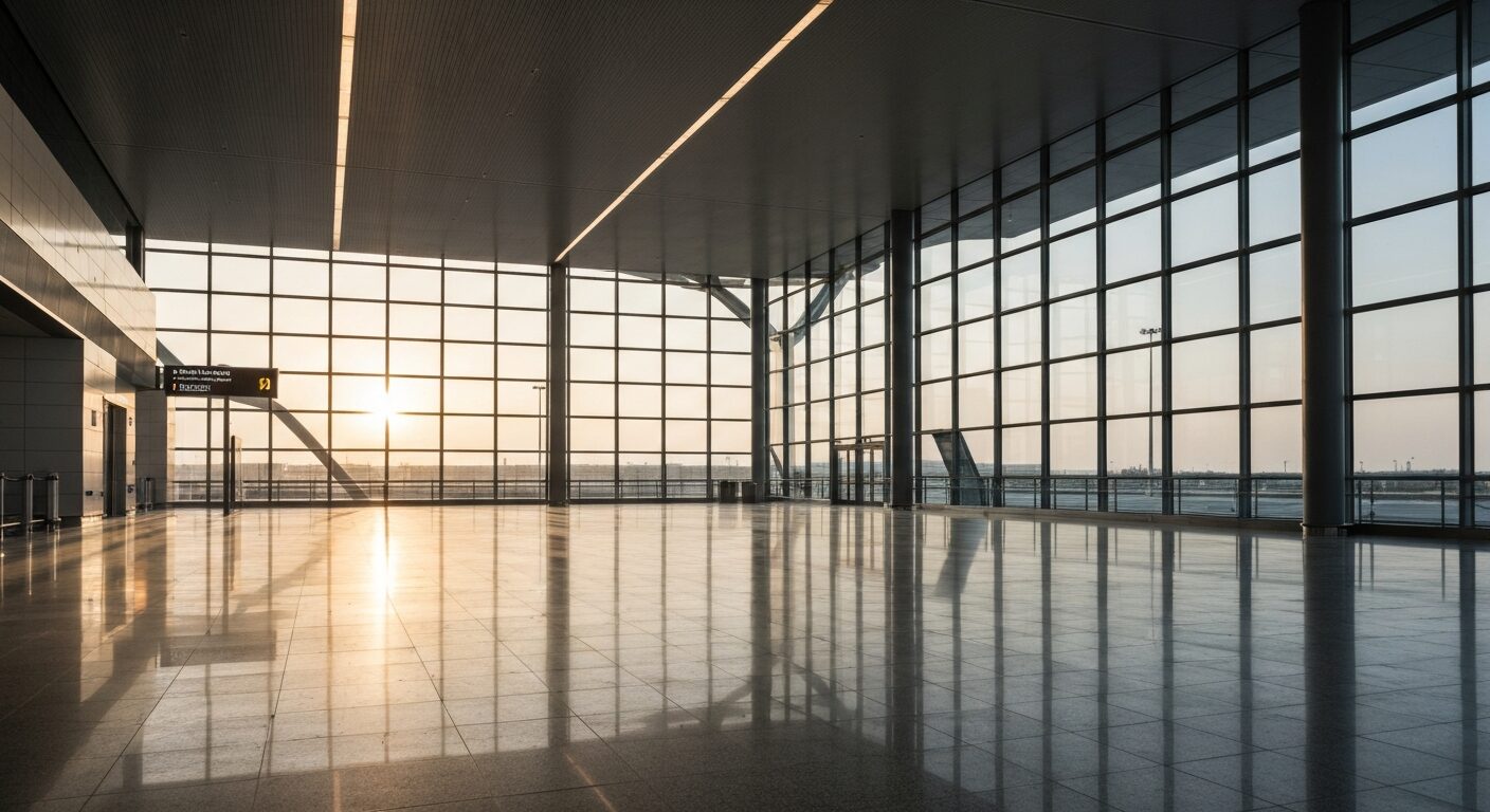 Empty modern airport terminal with architectural design and natural light.