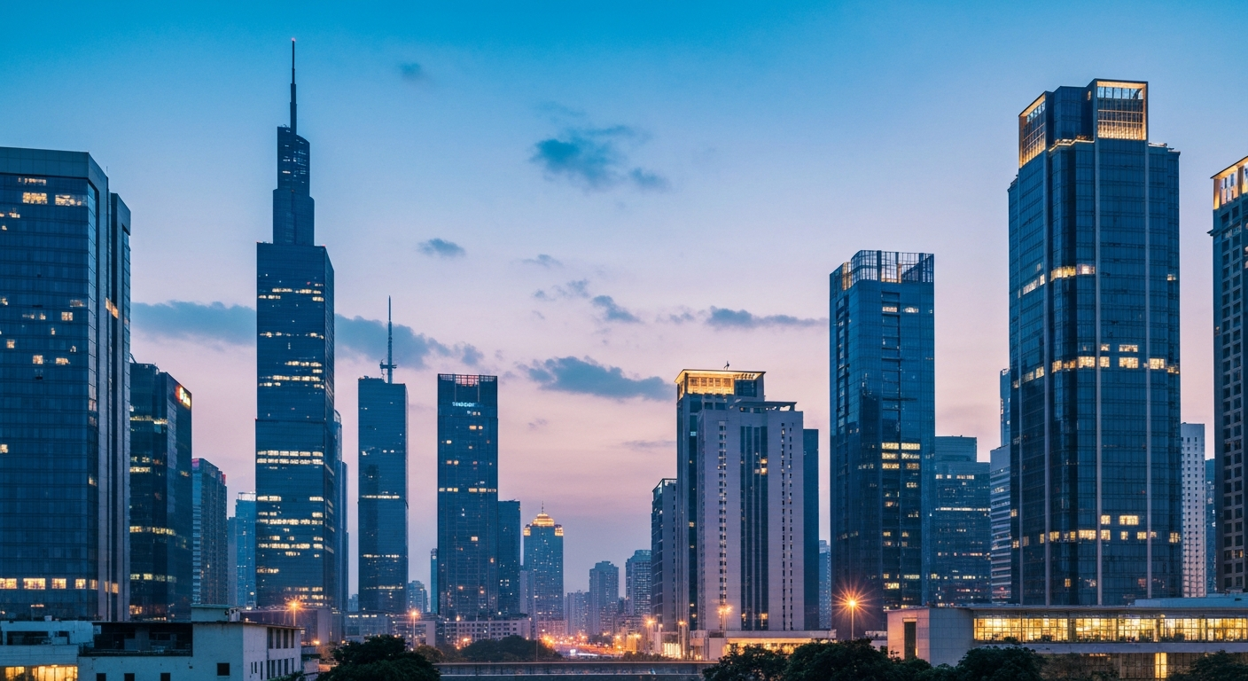 Vibrant Indian city skyline at twilight with modern architecture and city lights