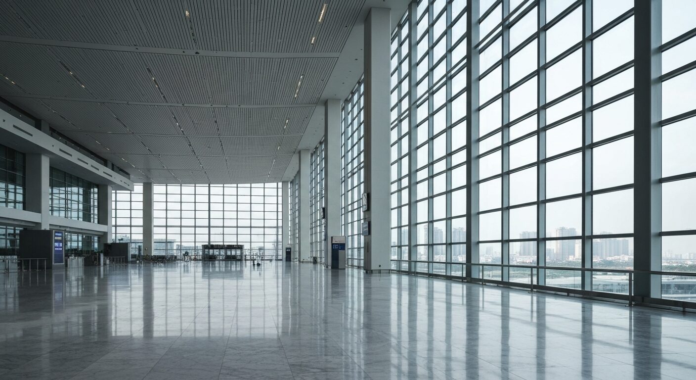 Empty modern airport terminal with large windows and polished floors at sunrise.