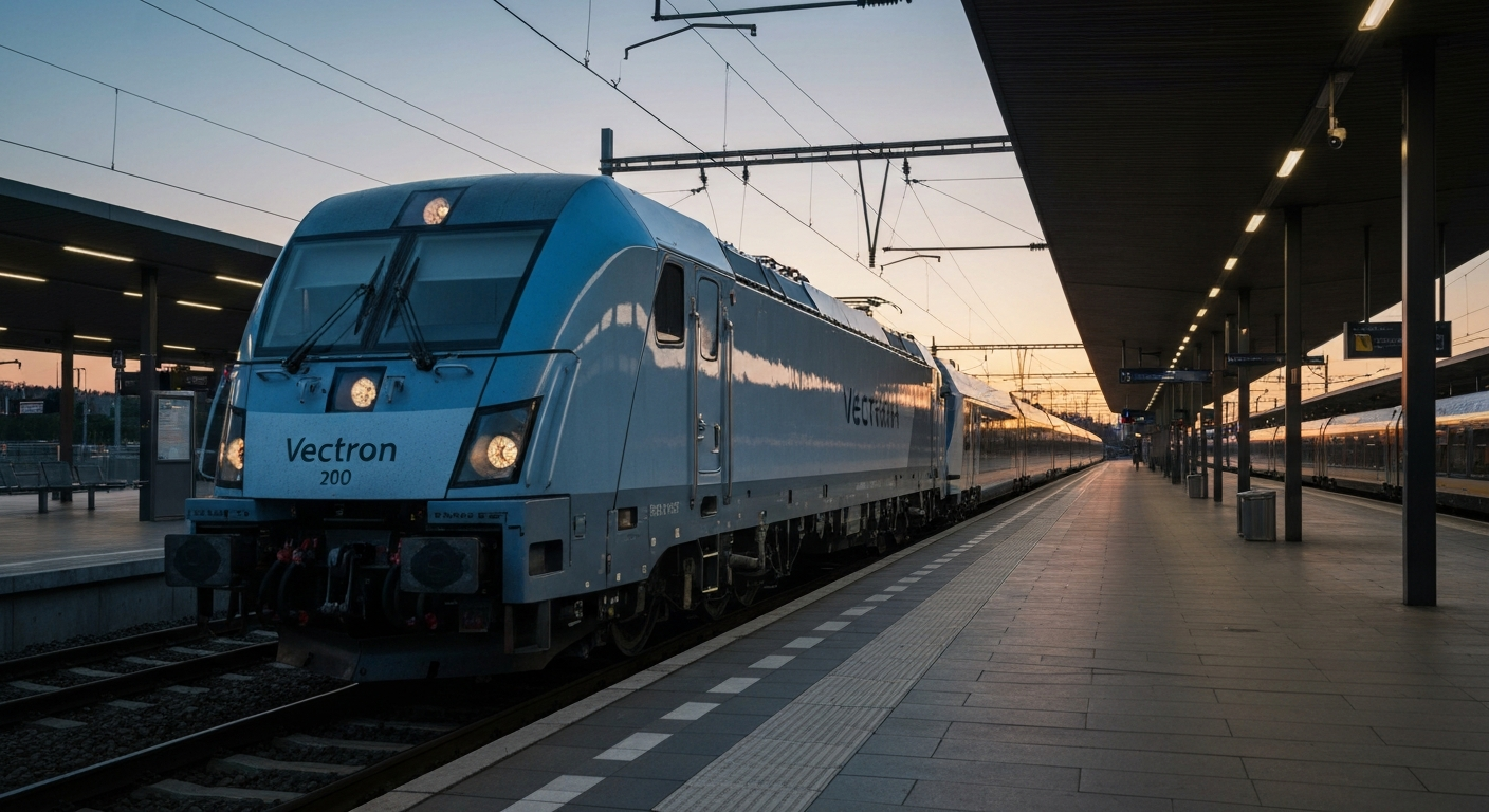 Modern Vectron locomotive standing at a European train station platform with soft morning light.