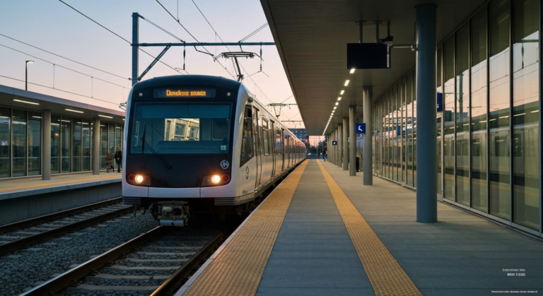 Modern light metro train at a new, well-lit station in Montréal's bustling West Island