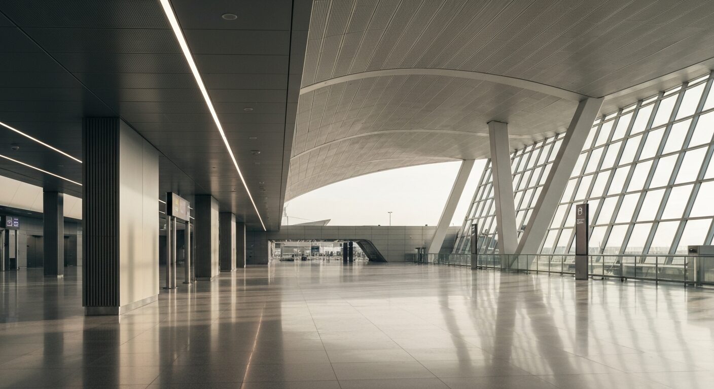 Empty modern airport terminal with architectural design and polished floors, bathed in natural light.