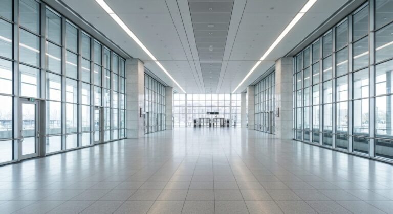 Clean, empty modern train station interior with large windows and architectural detail.
