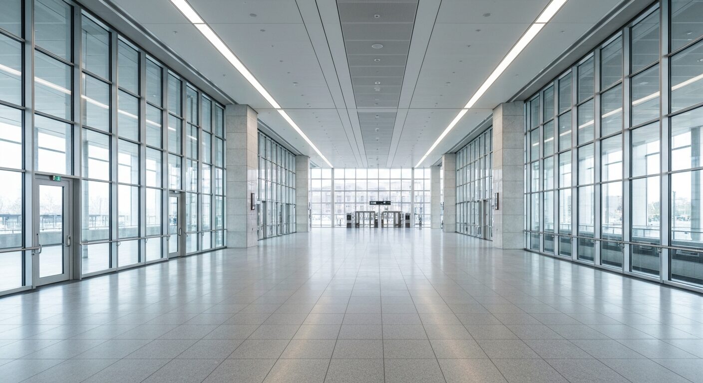 Clean, empty modern train station interior with large windows and architectural detail.