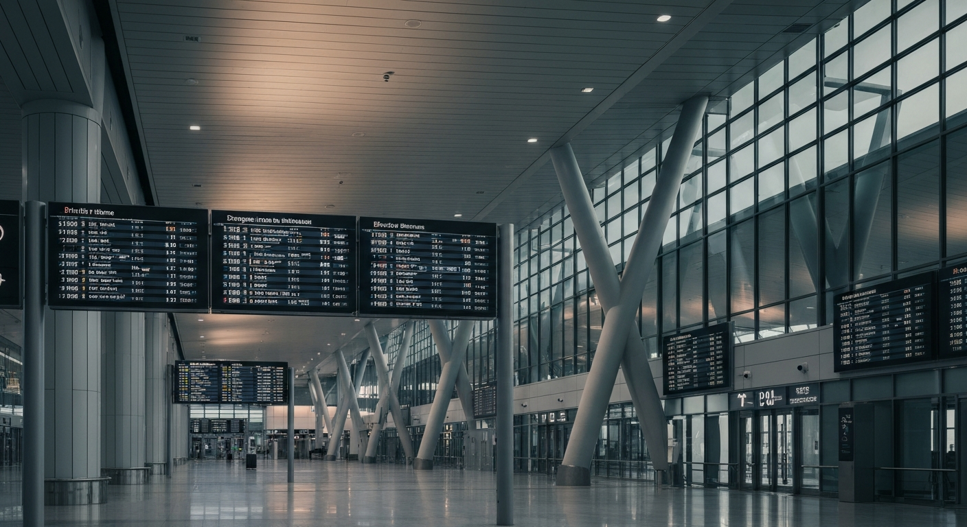 Modern airport departure terminal displaying numerous flight options on a sleek digital board