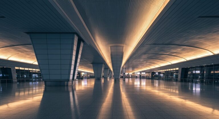 Modern empty airport terminal with architectural design and soft lighting.