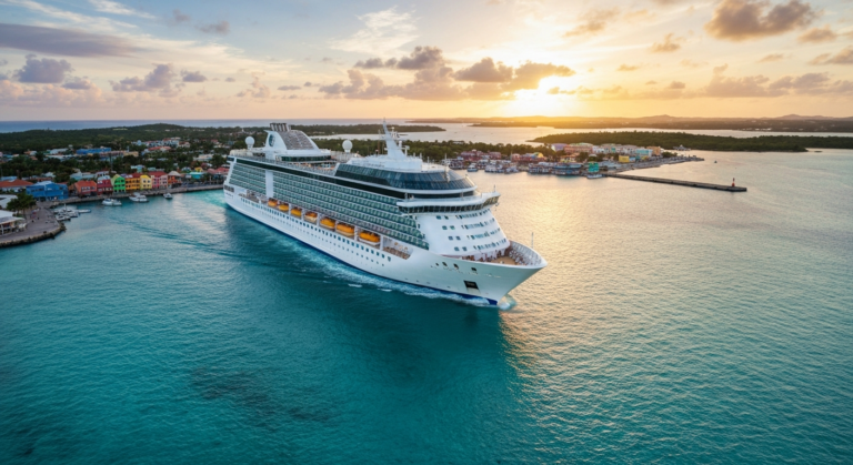 Modern cruise ship departing a colorful Caribbean port under a vibrant sunset sky