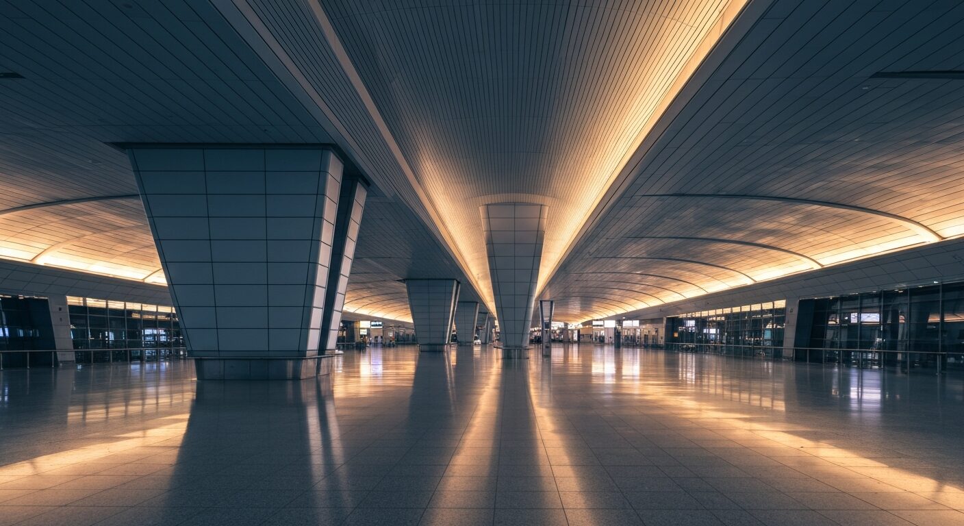 Modern empty airport terminal with architectural design and soft lighting.