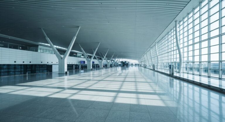 Modern empty airport terminal interior with polished floors and natural light.