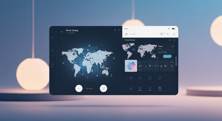 Modern digital travel planning interface with AI integration features and global map overlay