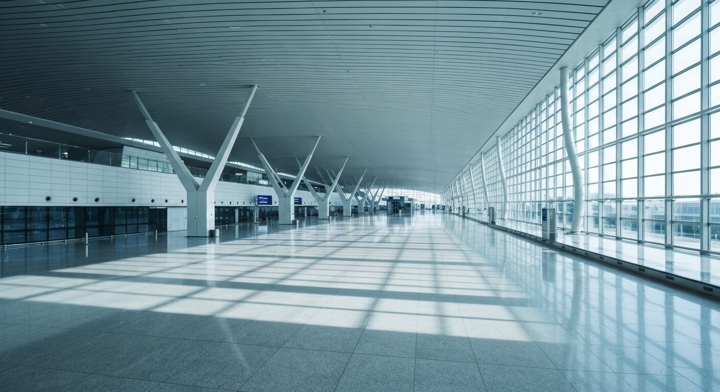 Modern empty airport terminal interior with polished floors and natural light.