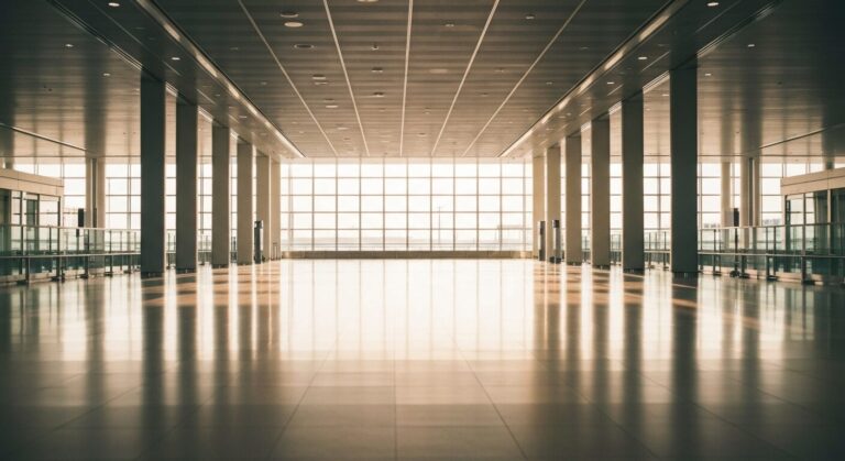 Empty modern airport terminal interior with architectural design and soft natural light.