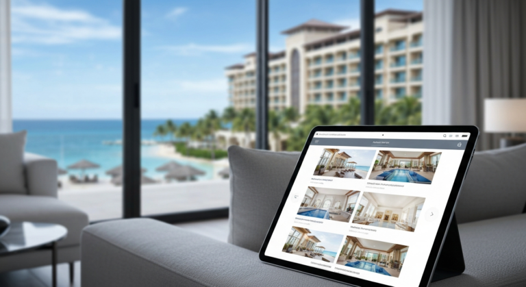 Modern digital interface for hotel booking integrated with a luxurious resort view