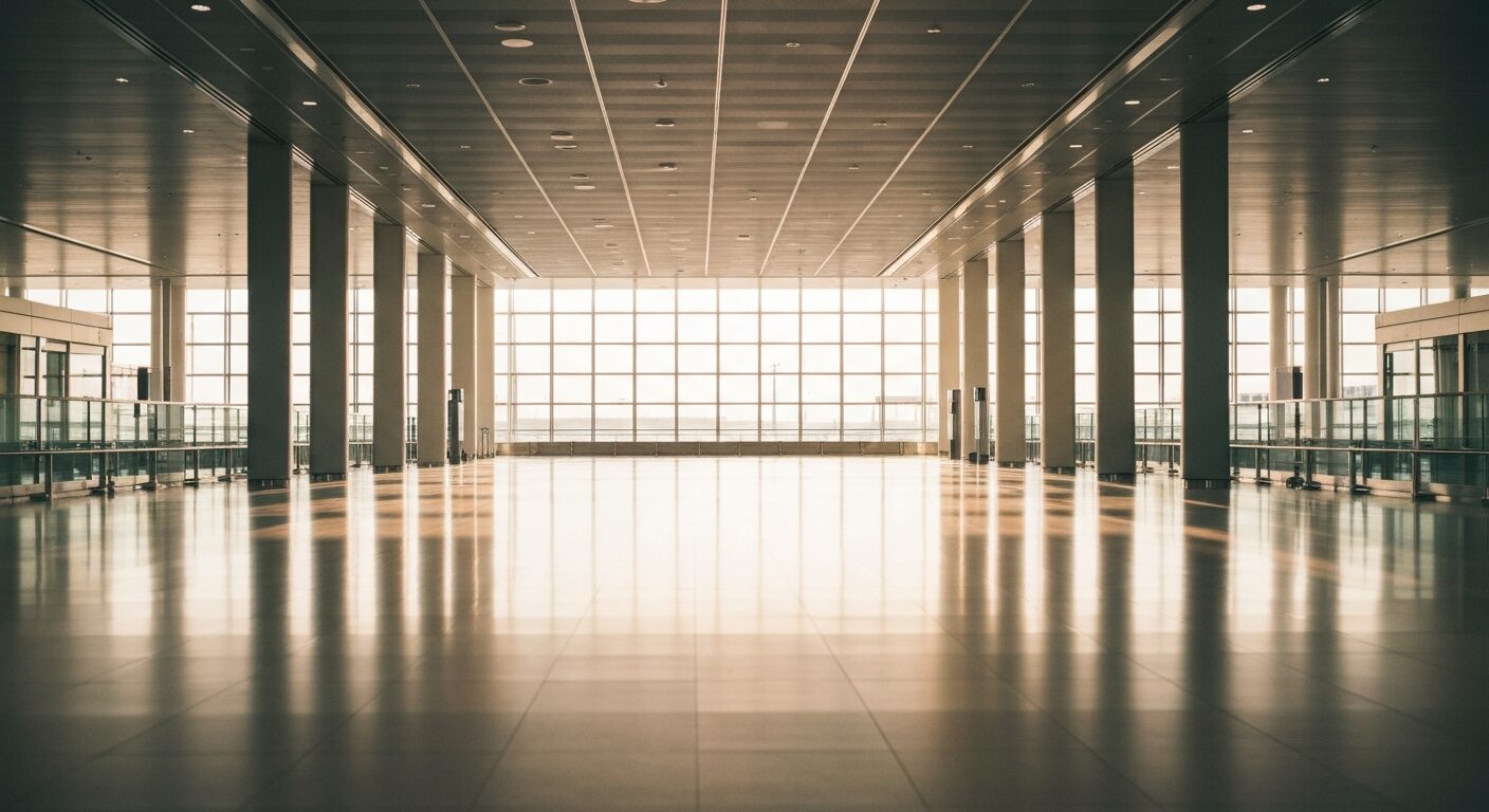 Empty modern airport terminal interior with architectural design and soft natural light.