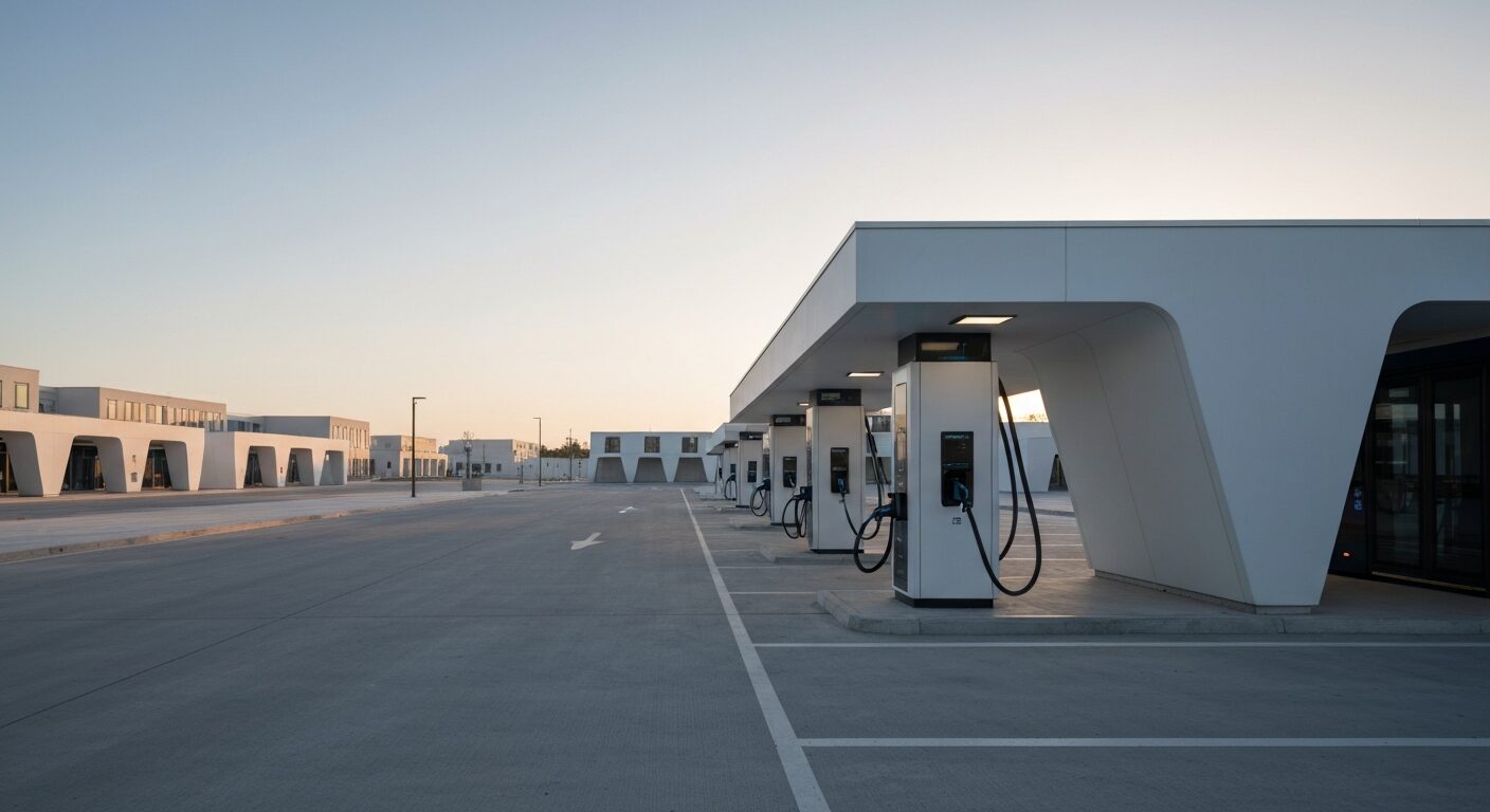 Electric bus charging station with sleek design in a modern urban setting.
