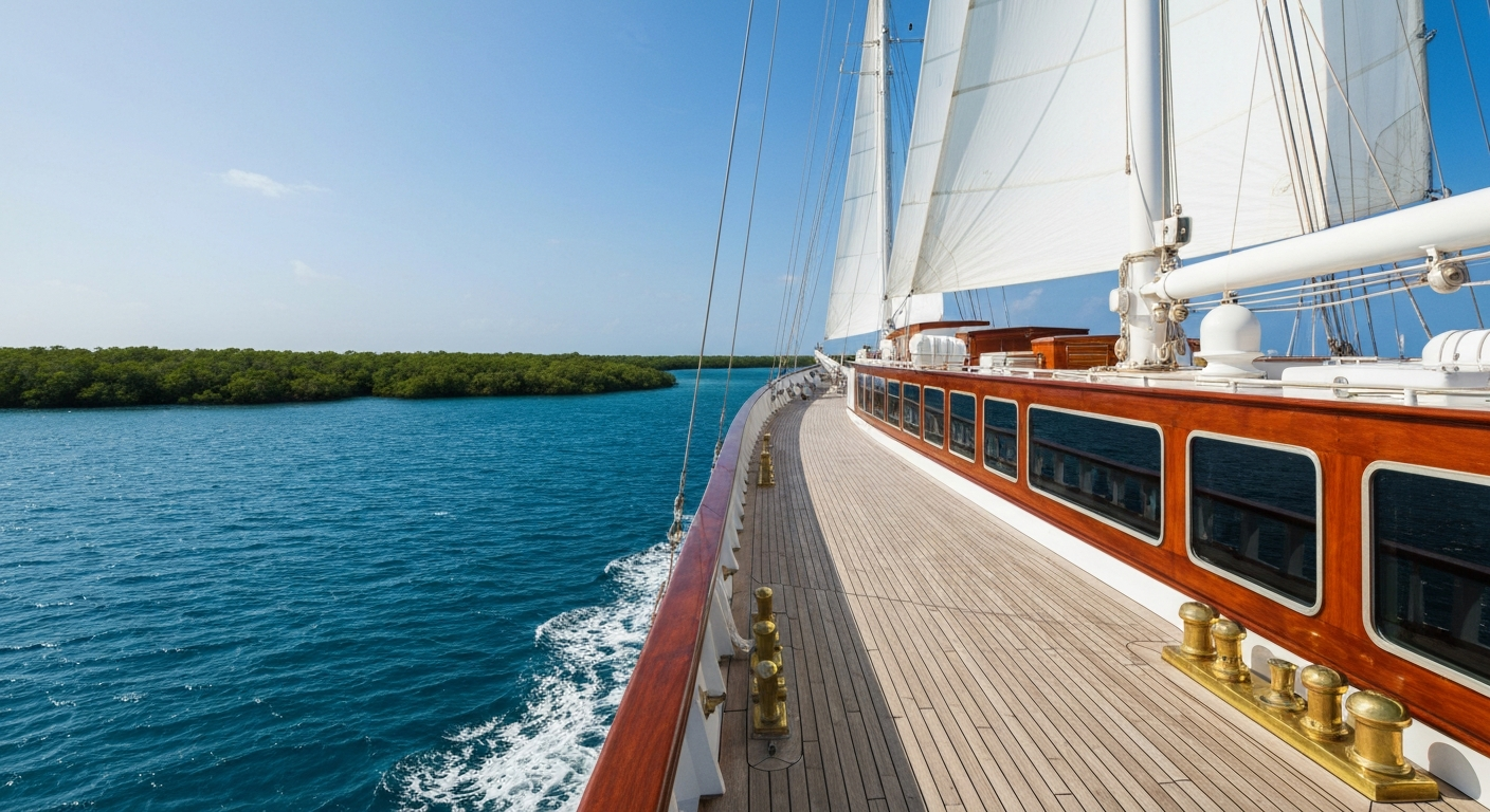 Luxury cruise ship navigating calm turquoise waters near the vibrant Mexican coast