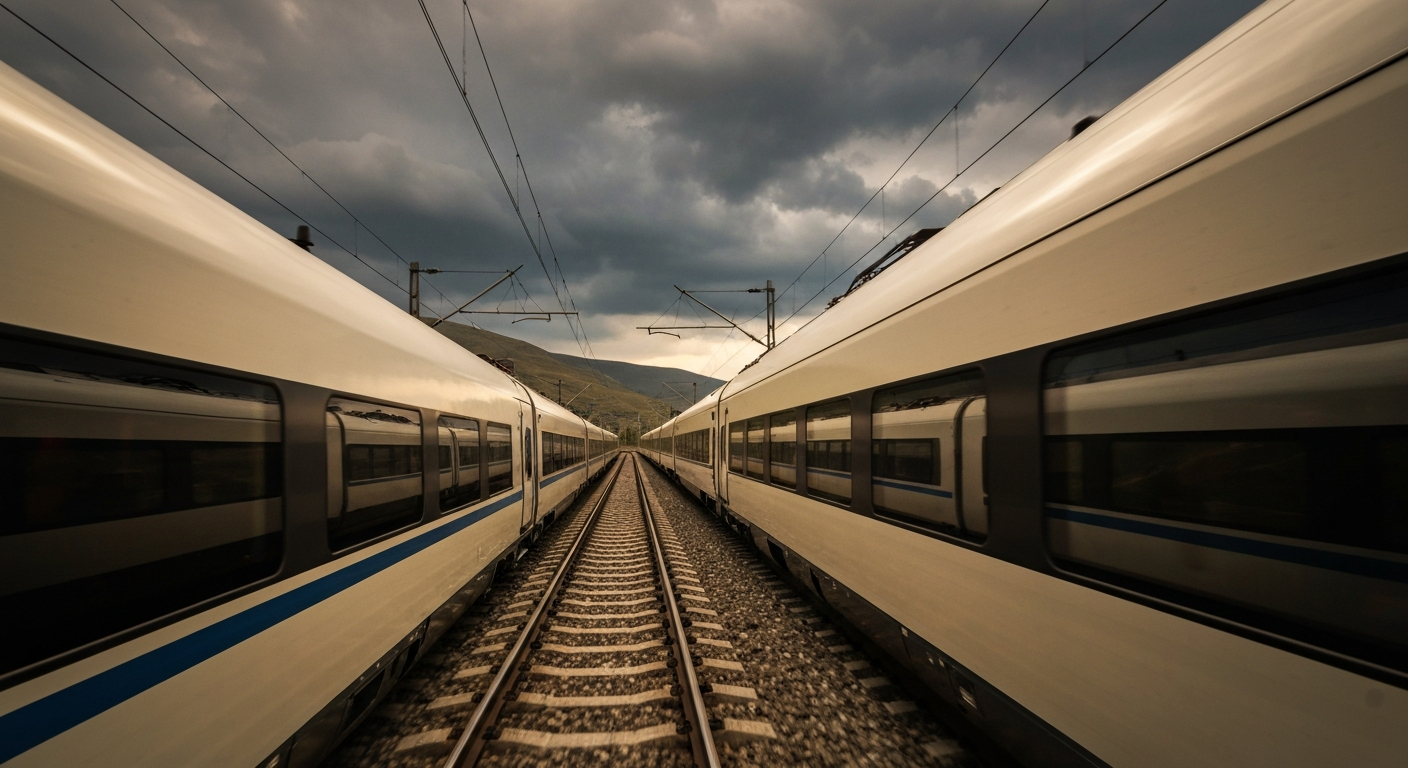 Modern train crossing a newly modernized rail bridge in a scenic mountain landscape
