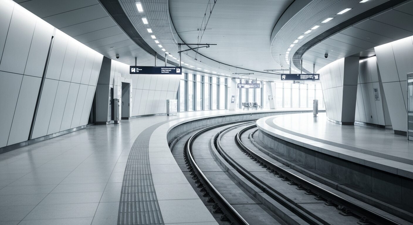 Empty modern Etihad Rail station platform with sleek architecture and tracks under natural light.