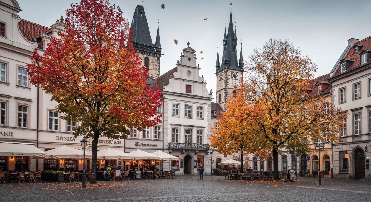 Charming European town square showcasing autumn colors and historic architecture, promoting off-peak travel