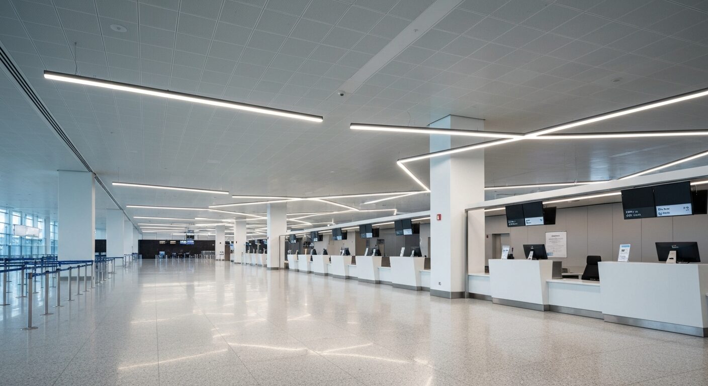 Empty, modern airport check-in area at sunrise, showcasing architectural design.