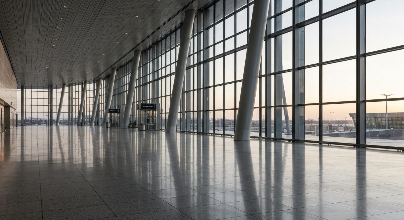 An empty, modern airport terminal interior with architectural design and natural light.
