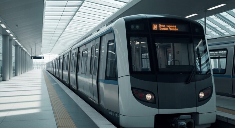 An automated metro train on Hangzhou Metro Line 12 at a modern station platform.