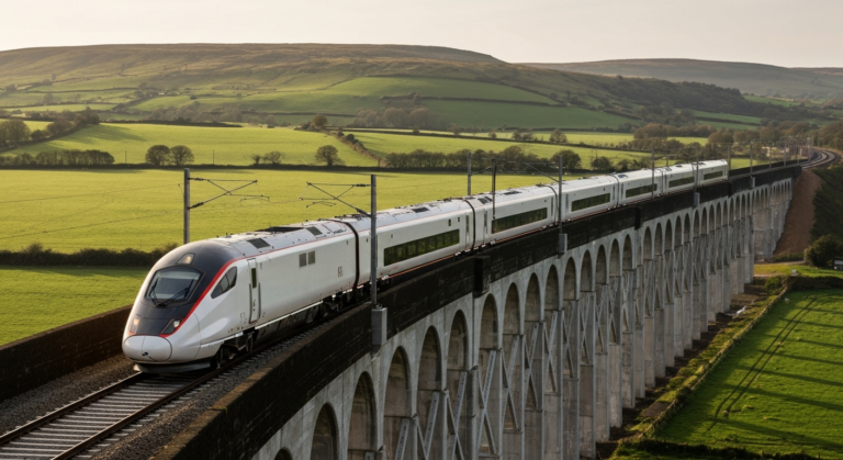 Modern high-speed train traveling on a new viaduct through the scenic British countryside.