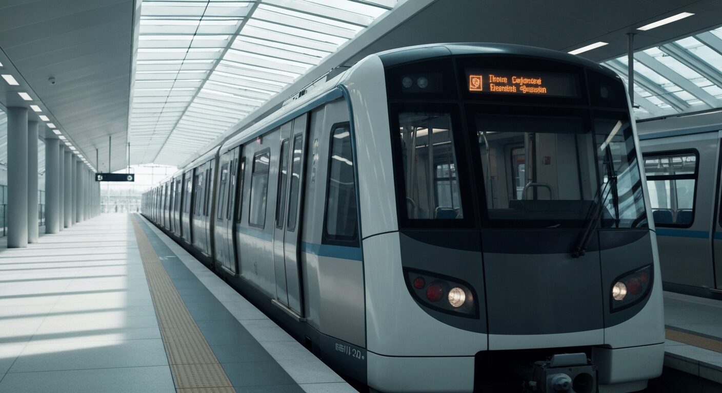 An automated metro train on Hangzhou Metro Line 12 at a modern station platform.