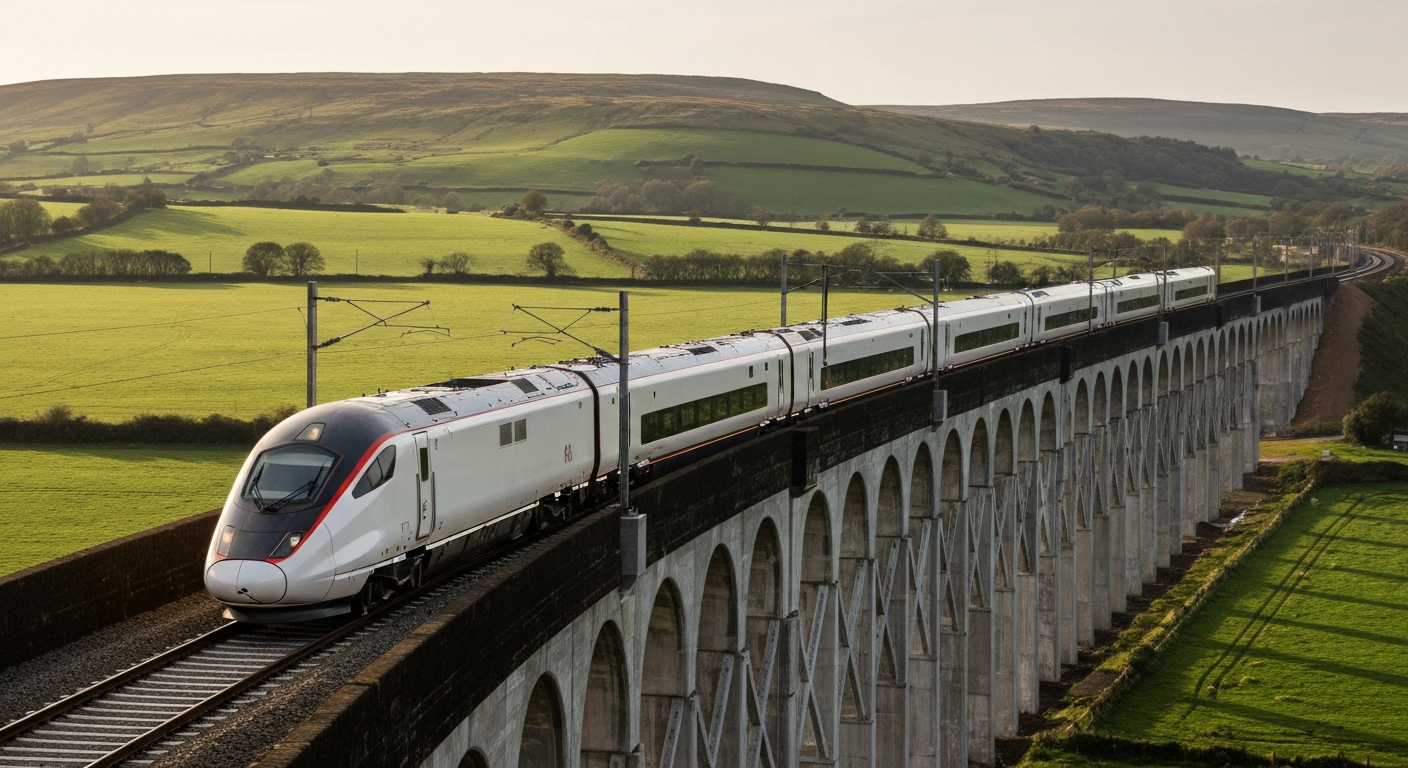 Modern high-speed train traveling on a new viaduct through the scenic British countryside.