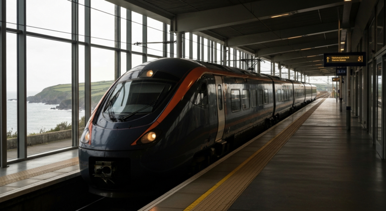Modern regional train arriving at a brightly lit station platform in scenic Cornwall