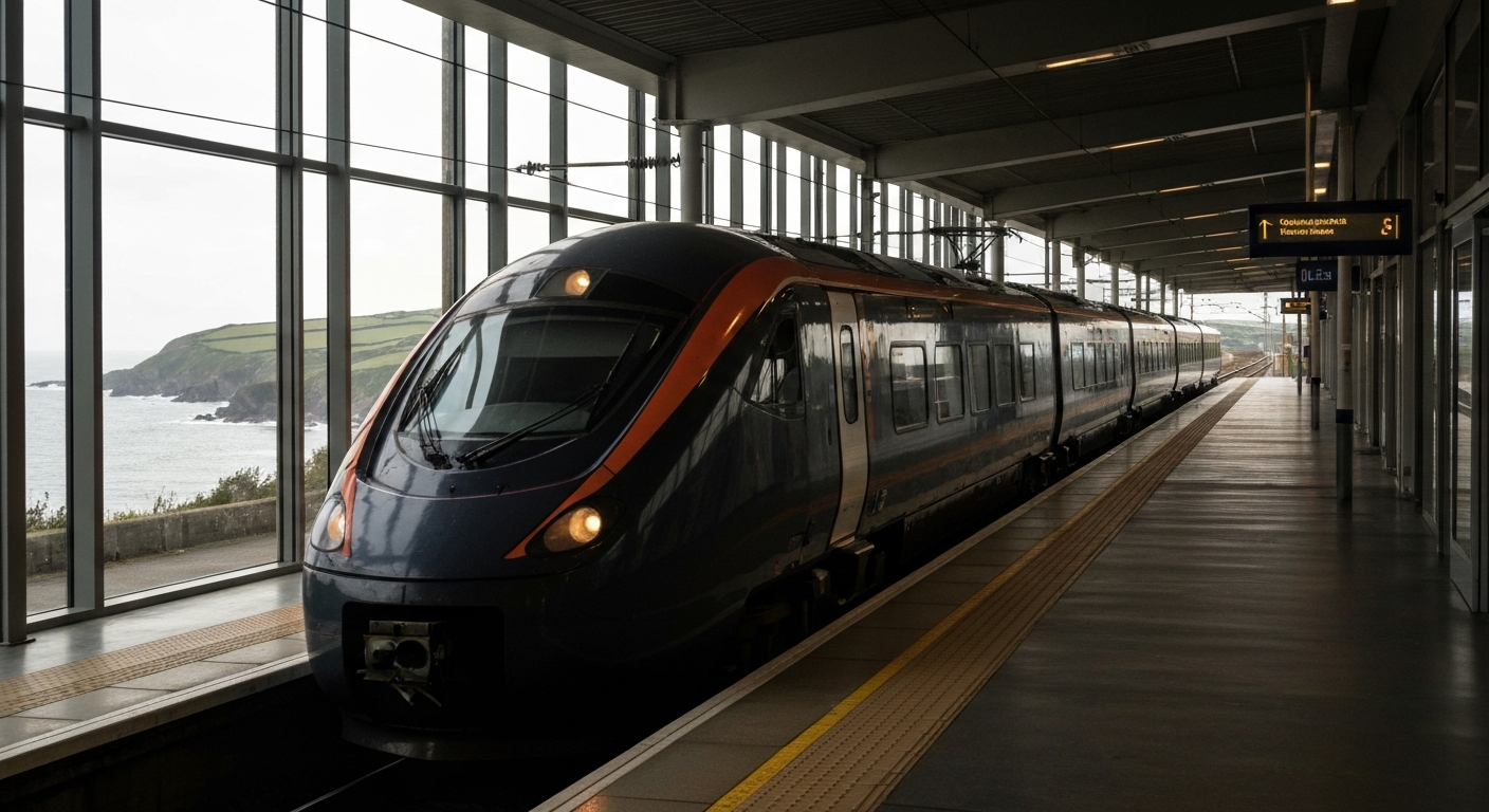 Modern regional train arriving at a brightly lit station platform in scenic Cornwall