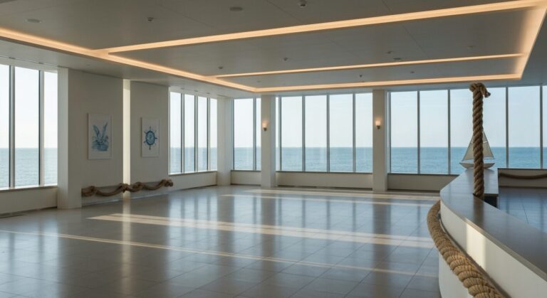 Empty modern cruise ship terminal interior with natural light