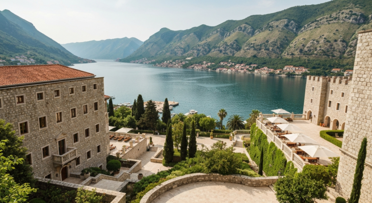 Luxurious Hyatt Regency Kotor Bay Resort overlooking the picturesque Bay of Kotor in Montenegro.