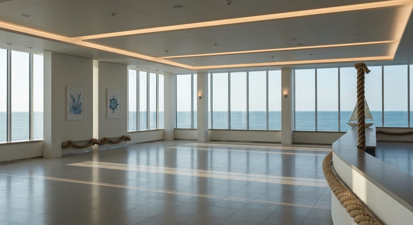 Empty modern cruise ship terminal interior with natural light