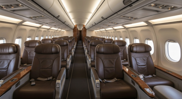 Spacious and elegant Berjaya Air ATR HighLine premium cabin with luxurious 1-1 seating arrangement.