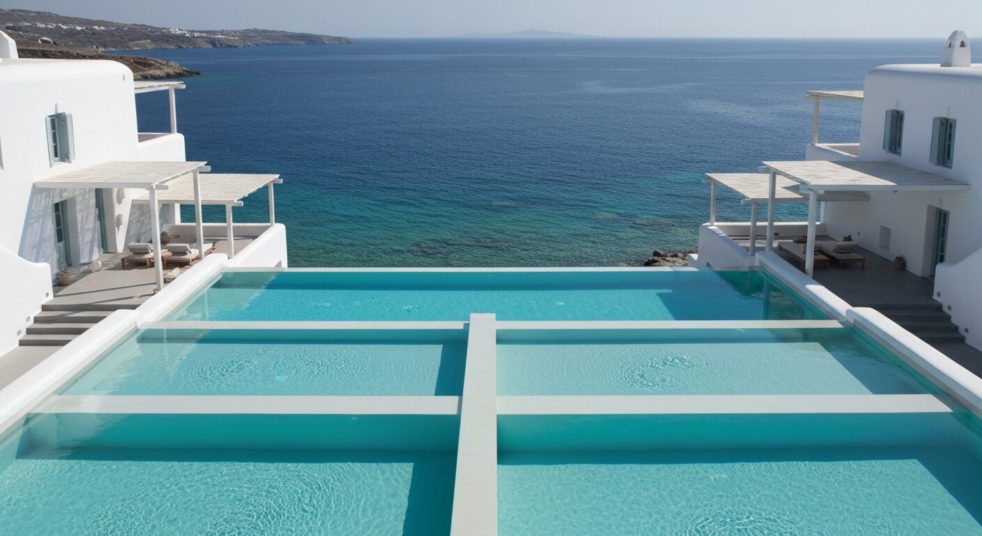 Exterior view of the new Four Seasons Hotel Mykonos cascading down cliffs to the Aegean Sea.