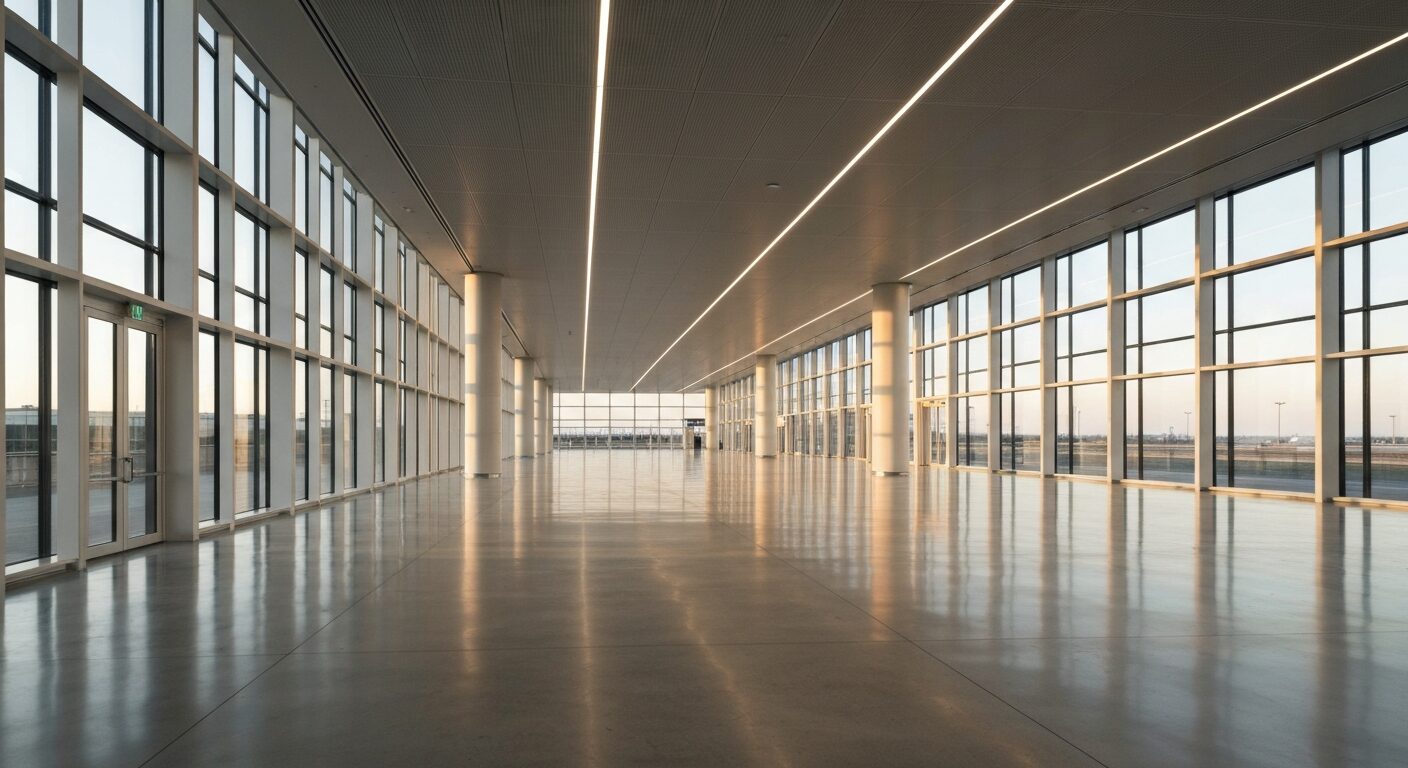 Empty modern airport terminal with natural lighting and polished floors