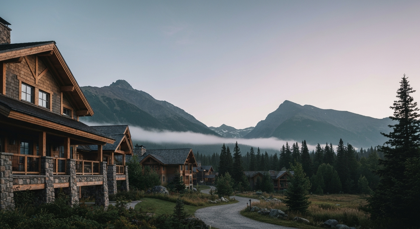 Serene mountain village nestled among misty peaks at dawn, quiet luxury lodge in foreground