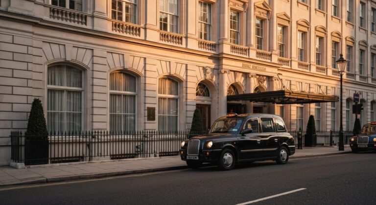 Facade of Brown's Hotel in Mayfair, London, under golden hour light, reflecting its luxury and historic charm.