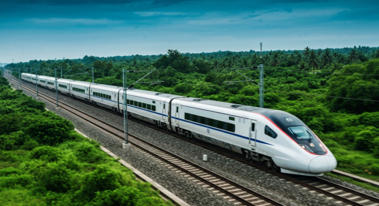 Modern train on newly doubled tracks along the scenic Konkan coast in Southern India