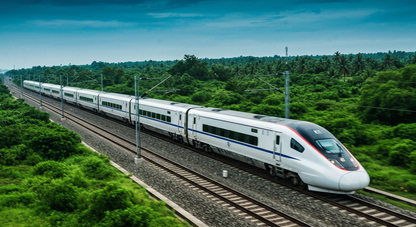 Modern train on newly doubled tracks along the scenic Konkan coast in Southern India