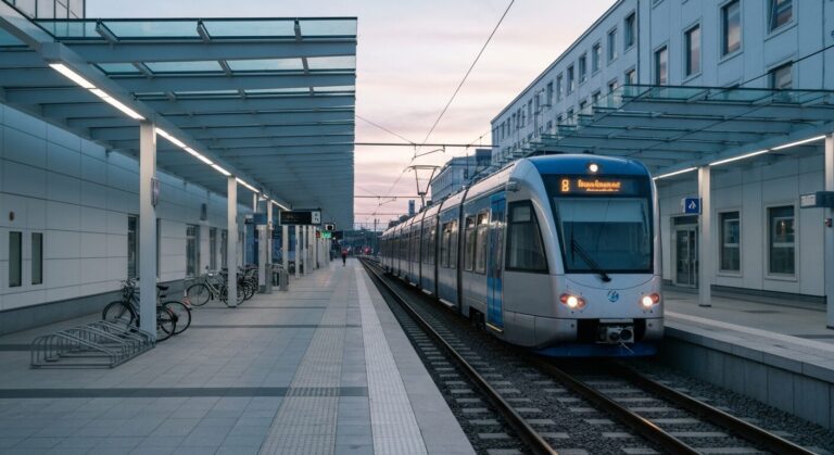A modern electric train at a high-tech station, symbolizing future sustainable transport.