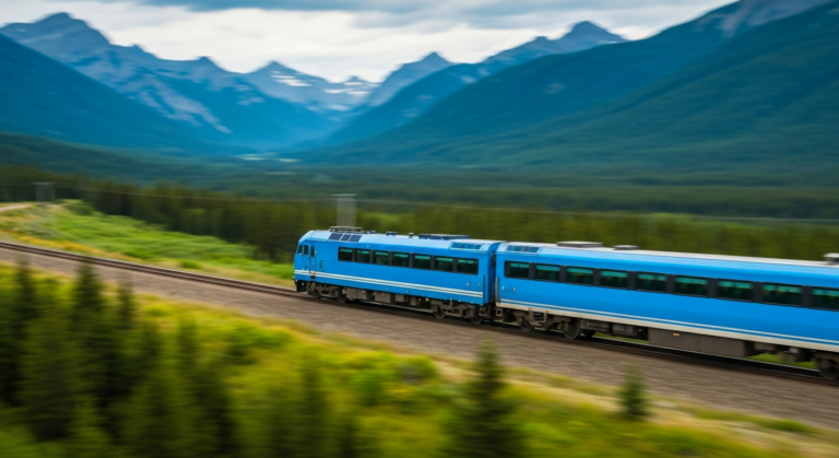 Modern single-level Amtrak train speeding through a picturesque North American landscape under a clear sky.