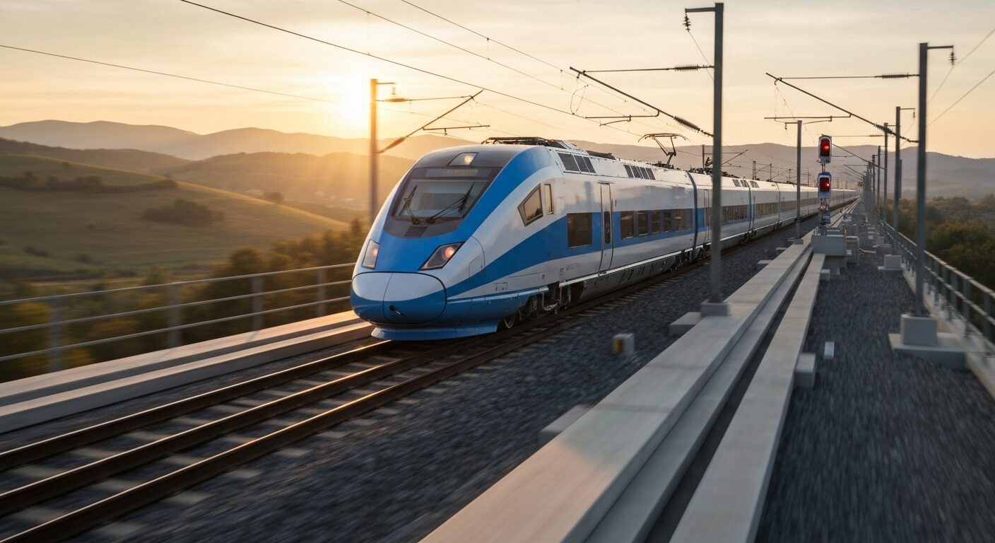 Modern high-speed train on advanced tracks, representing future rail safety technology.