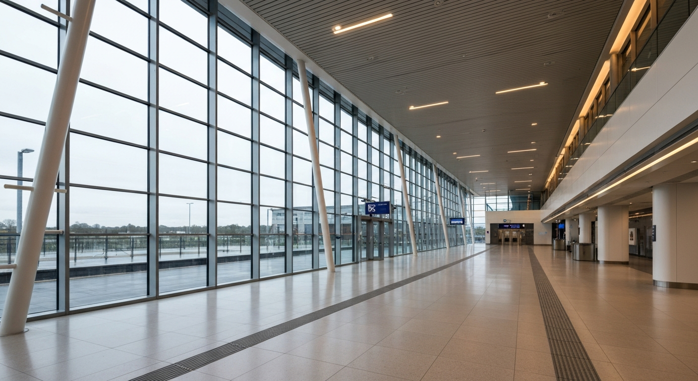 Modern Darlington train station concourse with sleek architecture and bright ambient lighting