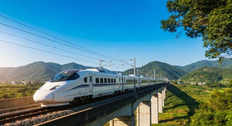A sleek, modern train traversing the newly modernized Chiayi elevated railway viaduct in Taiwan.