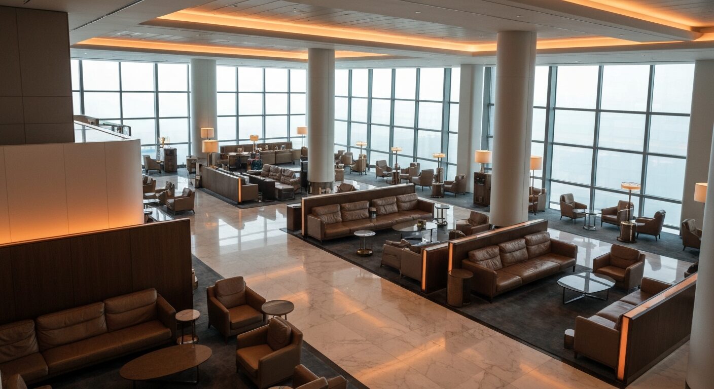 Empty modern airport lounge with luxurious seating and natural light